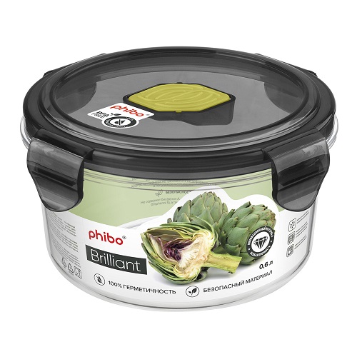 Контейнер для продуктов круглый 0,6 л. d=12,5 см. h=6,5 см.герметич.с клапаном "Бриллиант"/1/12/